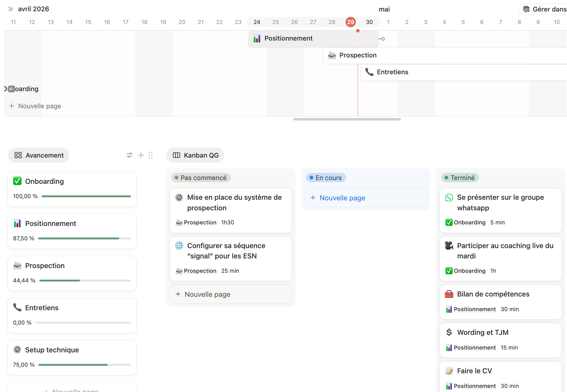 Aperçu de l'interface de suivi client sur Notion